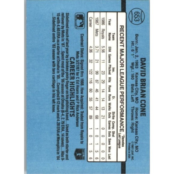 1988 David Cone Donruss Baseball Card #653 - Picture 2 of 2